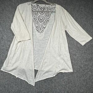 MAURICES Open Front Lace Crochet Jacket Cardigan Womens L Beige Boho 3/4 Sleeve
